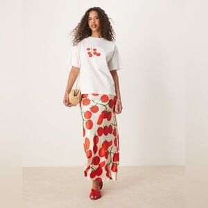 Never Fully Dressed tomato print satin maxi skirt in cream NWT